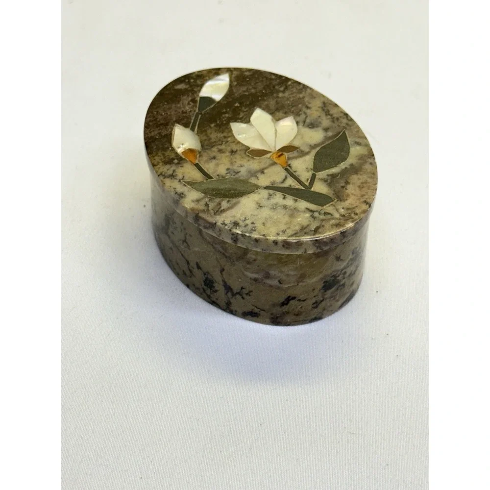 VTG Mother of Pearl & Stone Inlay Soapstone Trinket Box